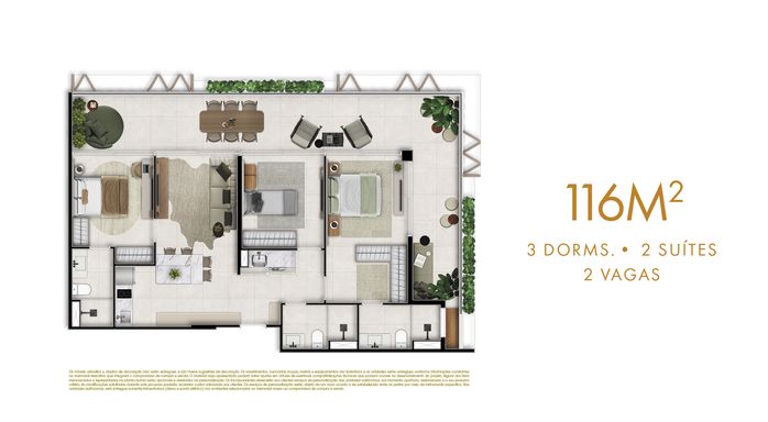 Planta 116m² - 3 dorms, 2 suítes