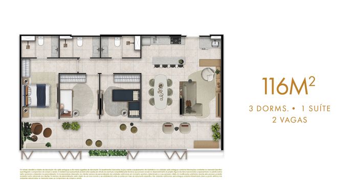 Planta 116m² - 3 dorms, 1 suíte