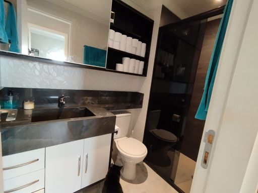 banheiro social ultra moderno com armário planejado e box de vidro fumê