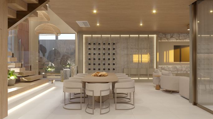 Perspectiva da sala 2 ambientes com acesso ao piso superior