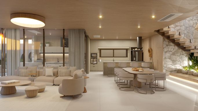 Perspectiva da sala 2 ambientes semi integrada a cozinha e a área gourmet