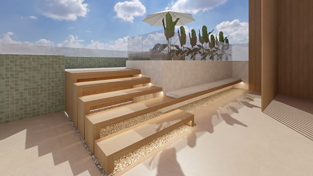 Perspectiva da área de convivência e piscina