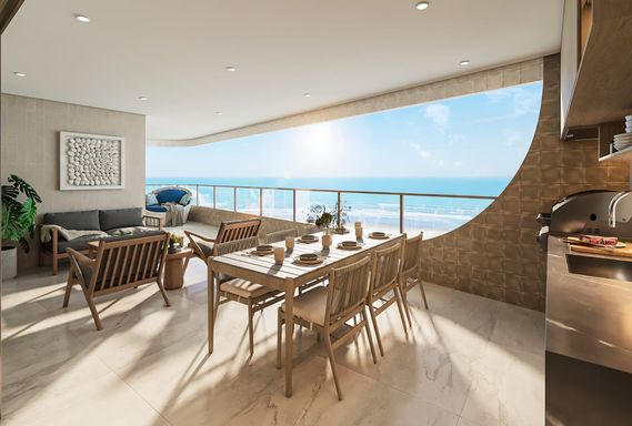 Perspectiva da ampla varanda gourmet com vista mar impecável