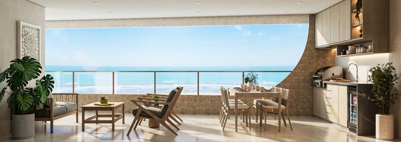 Perspectiva da ampla varanda gourmet com vista mar impecável