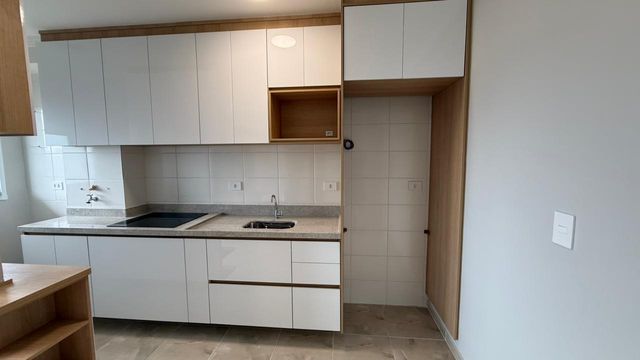 cozinha com armários planejados, fogão de infusão e ampla pia em granito