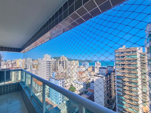 ampla varanda gourmet com vista mar privilegiada, tela de proteção, andar alto