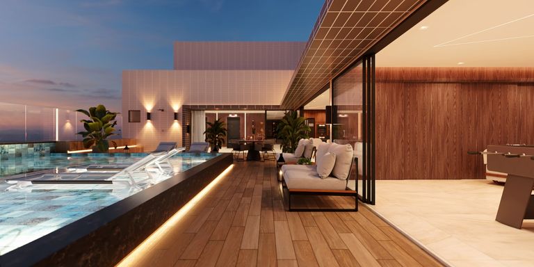 Pespectiva da piscina com salão de jogos