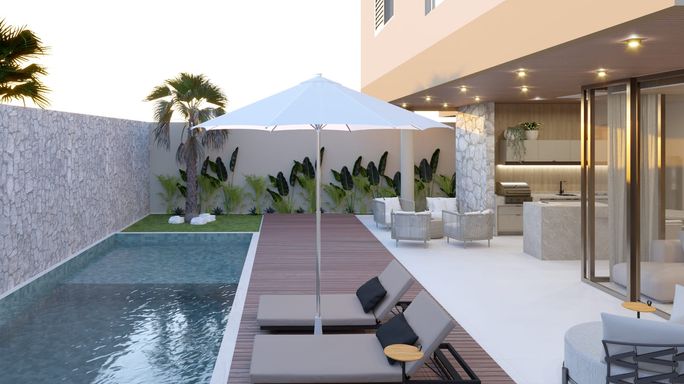 Perspectiva da área da piscina integrada a área gourmet