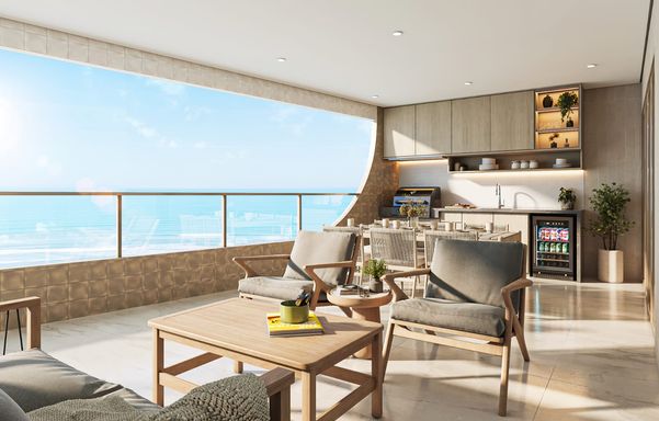 Perspectiva da ampla varanda gourmet com vista mar impecável