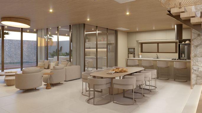 Perspectiva da sala 2 ambientes semi integrada a cozinha e a área gourmet