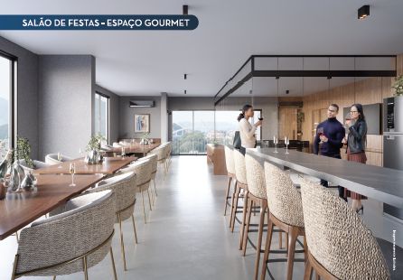 Perspectiva do salão de festas e da área gourmet