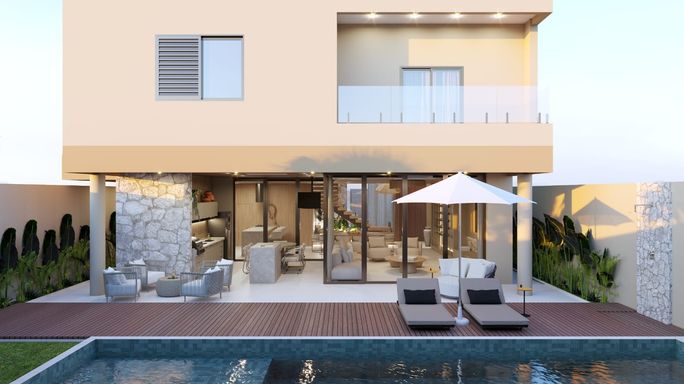 Perspectiva da área da piscina integrada a área gourmet