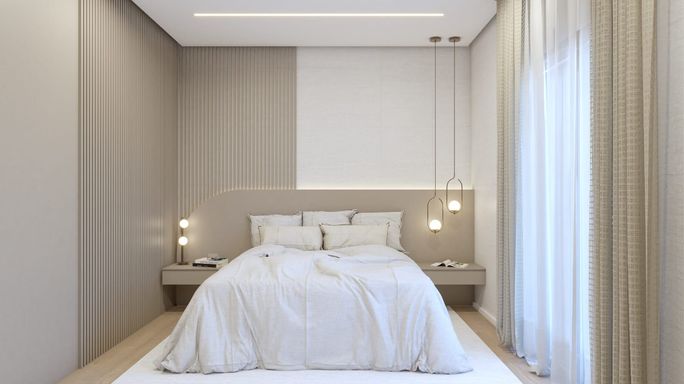 Perspectiva do dormitório com acesso a sacada