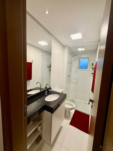 banheiro social com box de vidro e ampla pia em granito preta com planejado