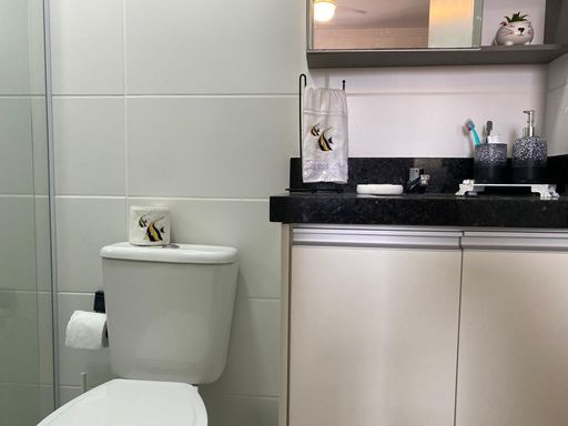 banheiro social com armário planejado e box blindex