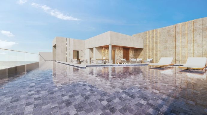 Perspectiva da piscina com deck na cobertura