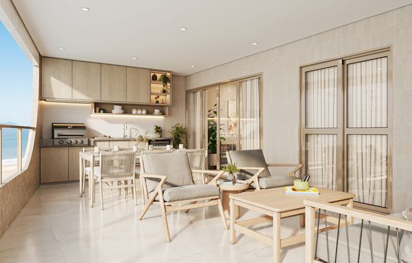 Perspectiva da ampla varanda gourmet com vista mar impecável