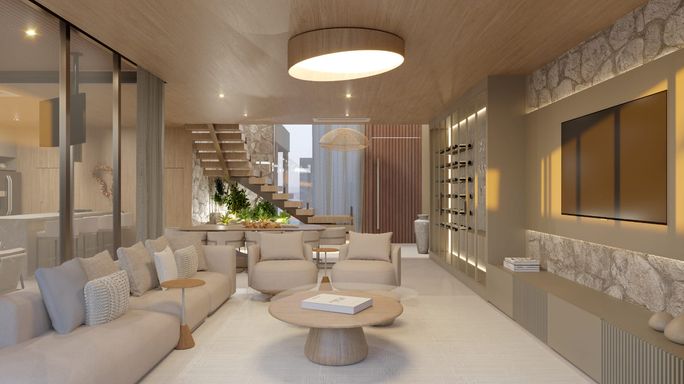 Perspectiva da sala 2 ambientes com acesso ao piso superior e a entrada principal