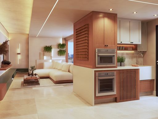 Fotos ilustrativas da sala com varanda gourmet com ponto de TV e infraestrutura para instalação de churrasqueira a gás, semi integrada a cozinha