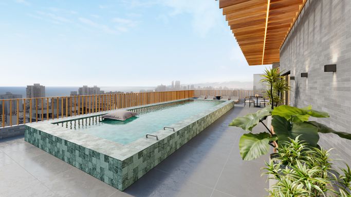 Fotos ilustrativas da piscina com borda infinita, entregue decorado