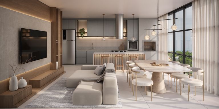 Imagem da sala e cozinha itegradas -Grace Bay – Apto  de 2 Quartos (2 suíte) a 300 metros da praia, Piçarras