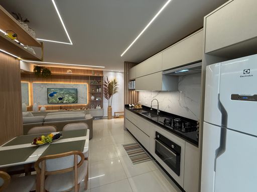 Sala de dois ambientes com cozinha conceito aberto.