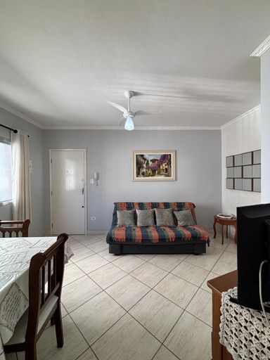 Sala com ventilador de teto pintada em branco gelo e com um sofa cama.