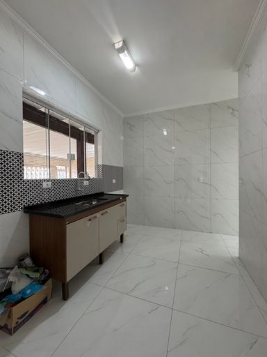 Cozinha com uma pia e gabinete.