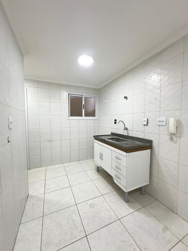 Cozinha espaçosa com uma pia e gabinete.