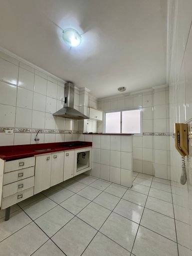 Cozinha com uma pia, cooktop e coifa.