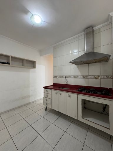 Cozinha com uma pia, cooktop e coifa.