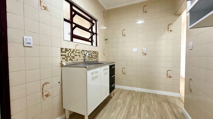 Cozinha com uma pia e gabinete com piso vinílico.