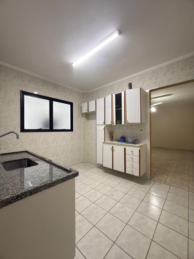 Cozinha com uma pia e gabinete e armários brancos.