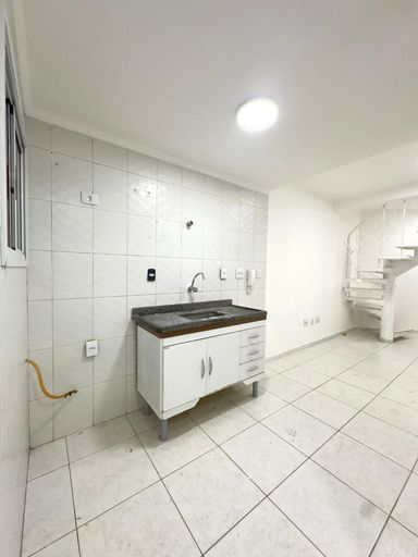 Cozinha espaçosa com uma pia e gabinete.