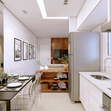 Cozinha e vista da sala.