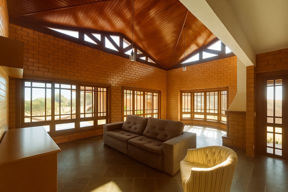 Sala de convivência ampla, janelas de vidro e detalhes em tijolo à vista.