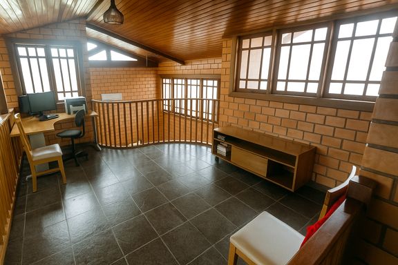 Escritorio - um ângulo mais próximo da sala, com piso escuro, janelas amplas e o mesmo teto de madeira.