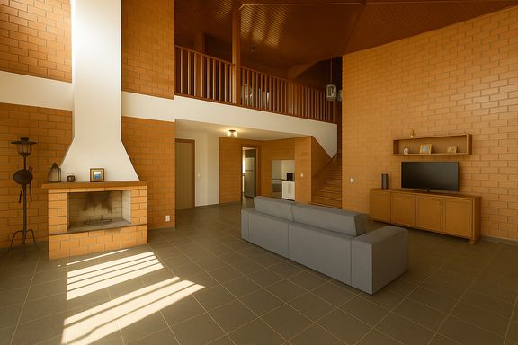 Sala de estar com pé-direito duplo, iluminação natural e acabamento em madeira.